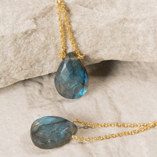 Labradorite Earrings - Fine wire hook and chain earring featuring a natural and uniquely cut Labradorite stone. Finely handcrafted brass, plated with the finest 18K gold plating.